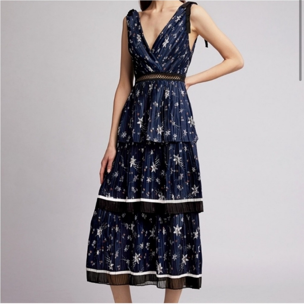 Self-Portrait Navy Constellation Star print Tiered Pleated Midi dress